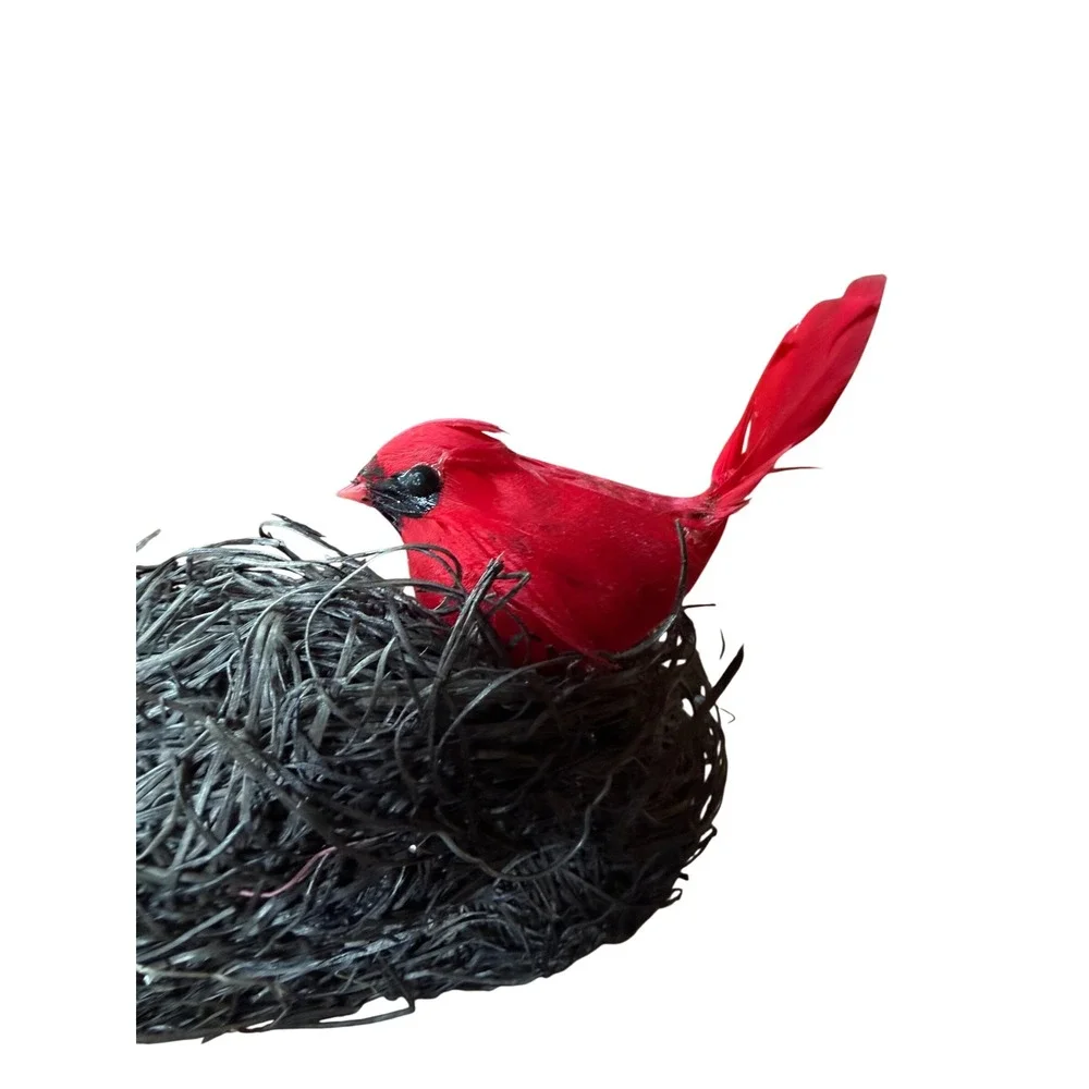 Decorative Black Woven Twig Bird Nest with Red Cardinal Figurine Rustic Decor